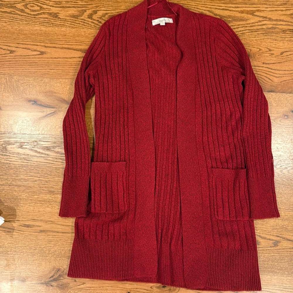 Loft red cardigan with front pockets.  Small. Worn 1x